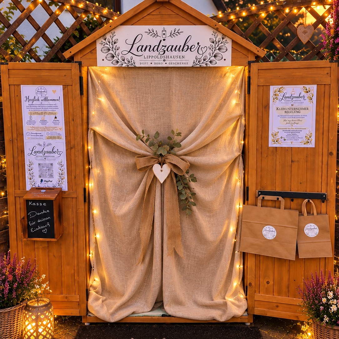 Landzauber Lippoldshausen – liebevoll gestaltetes Selbstbedienungs-Verkaufshäuschen mit handgefertigten Kerzen, Duftstein-Bouquets, besonderen Geschenkideen und saisonalen Dekorationen. Täglich von 8 bis 20 Uhr geöffnet.